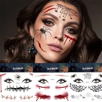 1 takım Cadılar Bayramı Dövme Etiket Yüz Sahte Gözler Ağız Kan Yara İzi 3D Örümcek Web Desen Cadılar Bayramı Korkunç yüz sticker