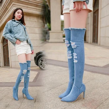 2022 Kadınlar Yeni Hollow out Sivri Burun Diz Üzerinde Mavi Denim dantel-up Gladyatör Botları Uzun Yüksek Topuk Jean Çizmeler ayakkabı