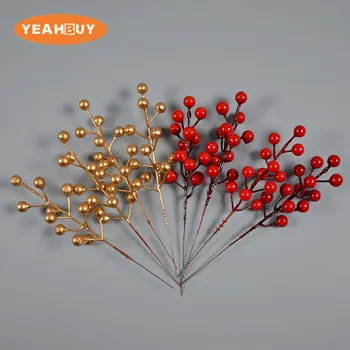 5 Adet Noel Aksesuarları Altın Kırmızı Yaprak Berry Dal Şube DIY Noel El Yapımı Çiçek Buketi Dekorasyon yapay çiçek