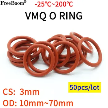 50 adet VMQ O Ring Conta Conta Kalınlığı CS 3mm OD 10 ~ 70mm Silikon Kauçuk Yalıtımlı Su Geçirmez Yıkayıcı Yuvarlak Şekil Toksik Olmayan Kırmızı