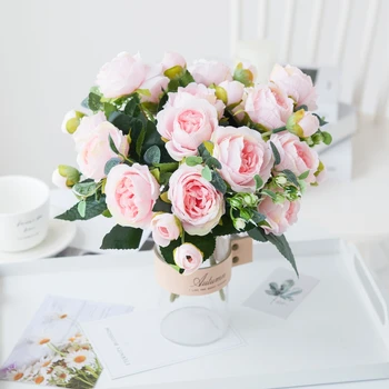 9 Kafaları yapay çiçekler Beyaz Şakayık Çay Gül Sonbahar İpek Vazo DIY Ev Bahçe Düğün Dekorasyon Sahte Bitkiler