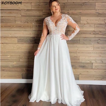 A-Line Boho düğün elbisesi es Zarif Gelin Törenlerinde Illusion Uzun Kollu Dantel Şifon Vestidos De Novia V Yaka Plaj düğün elbisesi