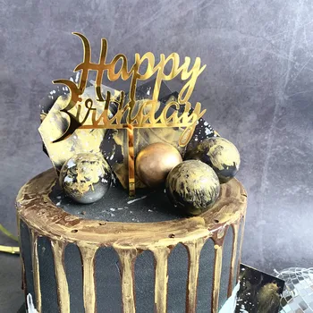 Altın Siyah Mutlu Doğum Günü Pastası Topper DIY Akrilik Tatlı Giyinmek Parti Malzemeleri Kek Topper Parti Dekorasyon için G