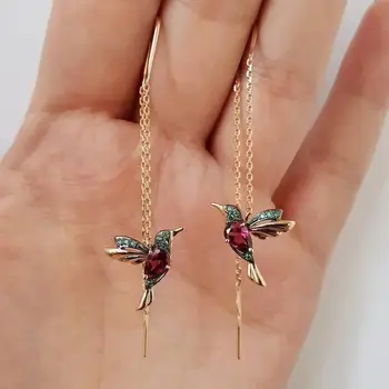 CHARLİNLİOL Sevimli Kuş Kolye Uzun Damla Küpe Kadınlar için Zirkon Taş Hummingbird Hayvan Dangle Püskül Küpe moda takı