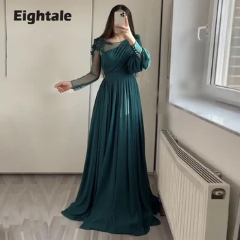 Eightale Vintage Akşam Elbise Düğün Parti için Şifon Boncuklu Uzun Kollu Yeşil Aplikler A-Line Balo Abiye kutlama elbiseleri