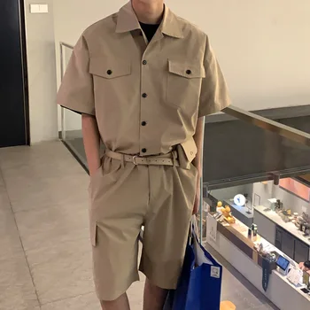 Erkek Moda deri kemer Çantası Erkek Kargo Tulum Streetwear Kore Tulum Cepler Kısa Kollu Düğme Tulumlar Kadın Erkek