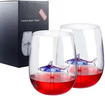 GENNISSY Köpekbalığı cam şarap seti 2, 300 ml/10 oz Temizle Kristal Sapsız kırmızı şarap bardakları Köpekbalığı Içinde Yenilik Büyük hediye paketi