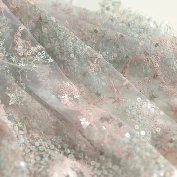 Güzel Örgü Kumaş Gri Mavi Kalp Payet İşlemeli Dantel Kumaş Cheongsam düğün elbisesi Etek El Yapımı Diy Kumaş