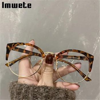 Imwete Vintage Kedi Göz Gözlük Çerçeve Kadın Erkek Moda Metal Yarım Çerçeve Gözlük Şeffaf Optik Reçete Gözlük