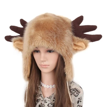 Kadın Erkek Kış Kürklü Peluş Kar Trapper Şapka Sevimli Öküz Boynuzları Geyik Boynuzları Kabarık Hayvan Kap Kulak Flap Cosplay Kostüm Earmuf