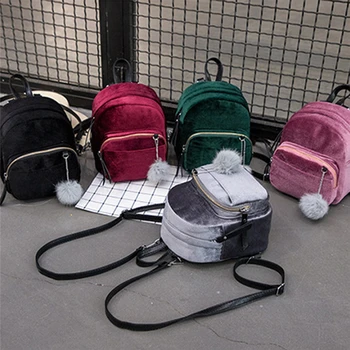 Kadın Sırt Çantaları Kadife Sırt Çantası Veludo Schoolbag Fermuar Ponpon İle Moda Rahat Mini Sırt Çantaları Kadın Çantaları Mochila