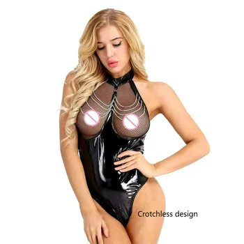 Kadın Örgü Iç Çamaşırı Seksi Parlak Patent Deri Tulum Fishnet Bodysuit Erotik Meme Maruz Lateks Catsuit Fermuar Açık Kasık