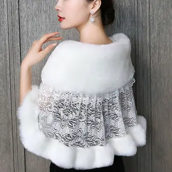 Kadınlar Kış düğün elbisesi Eşarp Stoles Sıcak Şal Wrap Kabarık Peluş Ekleme Gelin Bolero Tığ Çiçek Dantel Balo parti örtüsü