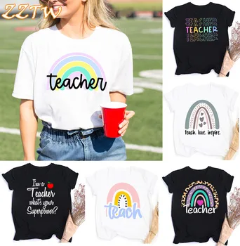 Komik Mektup Baskı 2021 Öğretmenler hayat öğretmeni Kadın T Shirt Casual Beyaz Kısa Kollu Vintage O-boyun Kadın Tees Tops hediye için