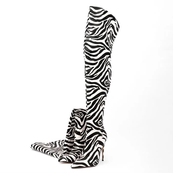 Kış Moda Stiletto Çizmeler Zebra Baskı Uzun Şerit Geri Fermuar Uyluk Yüksek Çizmeler Kadınlar için İnce Yüksek Topuk Ayakkabı Açık 47