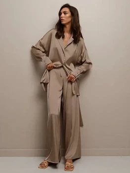 Linad Palazzo Pantolon kadın Pijama Seti Turn Down Yaka Elbiseler Kemer İle Uzun Kollu Pijama Saf Renk Saten Ev Takım Elbise 2022