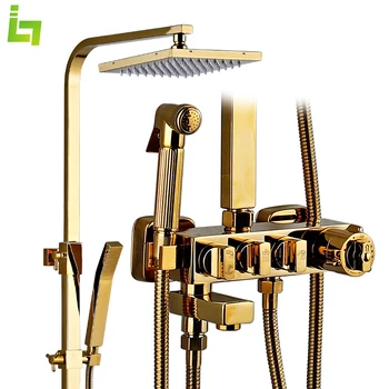 Lüks Altın Banyo Termostatik Duş Bataryası Seti Tüm Pirinç Düğme Sıcak ve Soğuk Su Küvet Mikser Dokunun Yüksek Kalite
