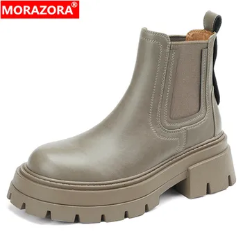 MORAZORA 2023 Yeni Bayanlar Kalın Med Topuklu Ayakkabı Hakiki Deri Kadın Çizmeler Üzerinde Kayma Kış Katı Ayak Bileği Platformu Çizmeler