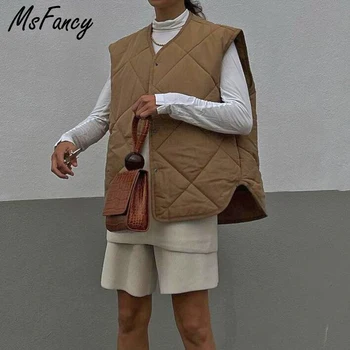 Msfancy Kahverengi Büyük Boy Yelek Kadın Bahar Kolsuz Ceket Femme 2022 Moda Tek Göğüslü Ceket Mujer Tops