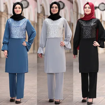 Müslüman Kadınlar Uzun Üstleri İslam Setleri Sequins Kadınlar Müslüman moda Pantolon Abaya Dubai 2021 Ramazan Namaz Giyim 2 Parça Set