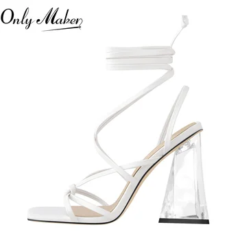 Onlymaker Beyaz Ayak Bileği Kayışı Sandalet Kare Peep Toe Çapraz bağlı Kelebek-düğüm Beyaz PU Şeffaf Yüksek Topuklu Yaz günlük ayakkabı
