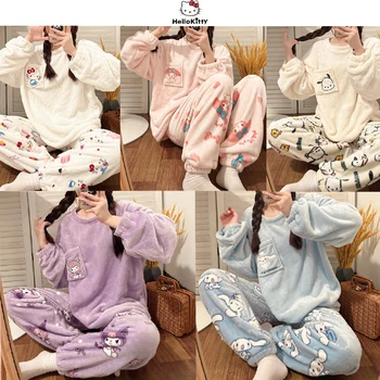 Sanrio Serisi Mercan Kadife Pijama Karikatür Sevimli Hello Kitty Kuromi Peluş Pijama Takım Melodi Cinnamoroll Yastıklı Kadın Pijamases