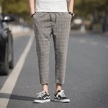 Sokak Koşucular Geniş bacaklı Bol Rahat Pantolon Pantolon Sonbahar Erkek Bel 2022 yeni Pamuk Keten Pantolon Erkek Ekose Elastik Harem 