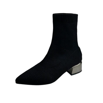 Sonbahar Kış Çizmeler kadın Örgü Elastik Çorap Çizmeler Sivri Burun Tıknaz Topuk Botas Siyah Moda Ayak Bileği Chelsea Çizme Kadın Ayakkabı