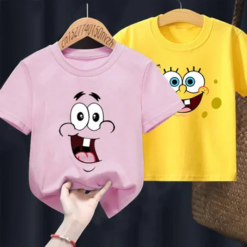 Sünger Bob SquarePants Çocuk Kısa Kollu T Shirt Erkek Kız Pamuk İfade T-shirt Karikatür Elbise Yaz Tee Gömlek Hediye