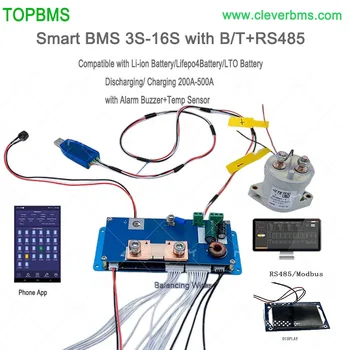 TOPBMS 3.7 V BMS 3S 12V 4S 14.8 V 7S 24V 10S 36V 12S 44.4 V 13S 14S 48V 16S 60V 200A 500A Bluetooth RS485 Modbus Lityum Pil