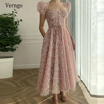 Verngo Yeni 2021 Tasarım Dantel Allık Pembe Bir Çizgi Akşam Parti Elbiseler Kısa Kollu Sevgiliye Düğmeler Üst Ayak Bileği Uzunluğu Balo Elbisesi