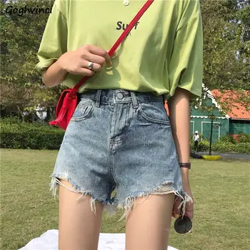 Vintage Kot Şort Kadın Yıkanmış Delik Kore Tarzı Yüksek Bel İnce Öğrenciler Tüm Maç Kürk hatları Streetwear Retro Harajuku Rahat