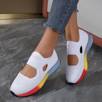 Yeni gündelik kadın ayakkabısı Moda Colorblock Sinek örgü dokuma Sneakers açık ışık Rahat kaymaz Loafer'lar Tenis Respiravel