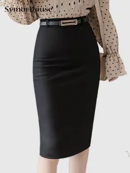Yeni iş elbisesi Siyah kalem etekler Kadın Yüksek Bel Bölünmüş Bodycon Etek kemerler ile seksi zarif ofis Kırmızı etekler Kadın