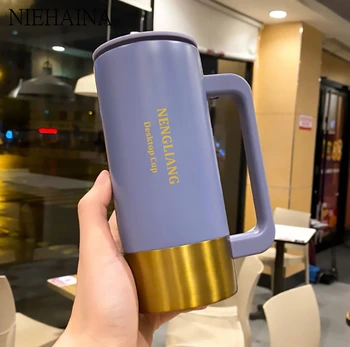 Yeni Paslanmaz Çelik Termos Bardak Açık vakumlu şişe Kolu Ofis Masaüstü Hediye Kupa Termal Kahve Fincanı