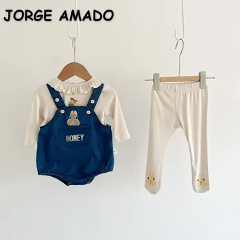 Yeni Sonbahar Bebek Kız giyim setleri Uzun Kollu Kayısı T-shirt + Denim Mavi Bodysuit + Tayt Çocuk günlük kıyafetler E2332