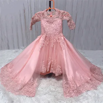Yeni Varış Çiçek Kız Elbise Düğün ıçin Dantel Aplike Boncuklu Küçük Kızlar Giyim Vestido De Daminha Ayrılabilir Tren