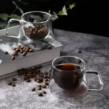 Çift Katmanlı Şeffaf Cam kahve kulplu fincan Anti Haşlanma Isıya Dayanıklı Kahvaltı Kupa Çay Suyu Buzlu içecek fincanı