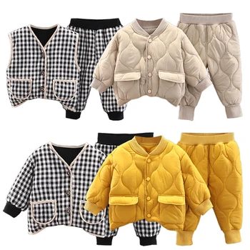 Çocuk Kış sıcak Takım Elbise Erkek Basit Ekose Uzun Kollu Ceket Rahat Düz Renk Pantolon Kalınlaşmış 2 Parçalı Set 9M-5Y