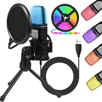 Ücretsiz Kargo usb'li mikrofon RGB Mikrofon Condensador Tel Oyun Mikrofon Podcast Kayıt Stüdyosu Akışı Dizüstü masaüstü bilgisayar